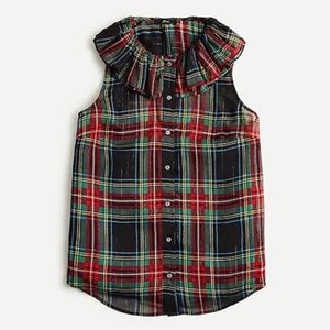 NWT J. Crew Red & Black Tartan Plaid Sleeveless Ruffle Top - Size Small